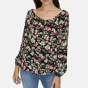 SANCTUARY Womens Black Floral Long Sleeve With Buttons Top M